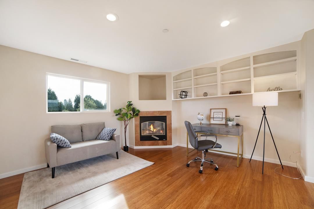Fireplace, Home Office, Interior, Recessed Lighting, Wood Texture Flooring
