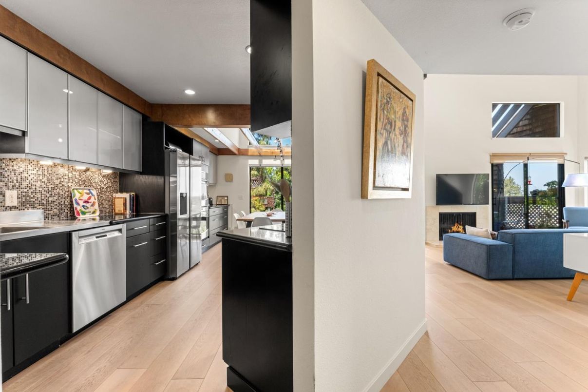 Fireplace, Interior, Kitchen, Living room, Recessed Lighting, Stainless Steel Appliances, Wood Texture Flooring