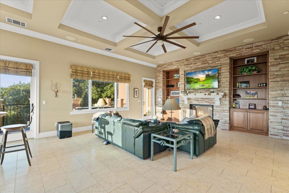 Fireplace, Interior, Living room, Recessed Lighting, Stone Walls