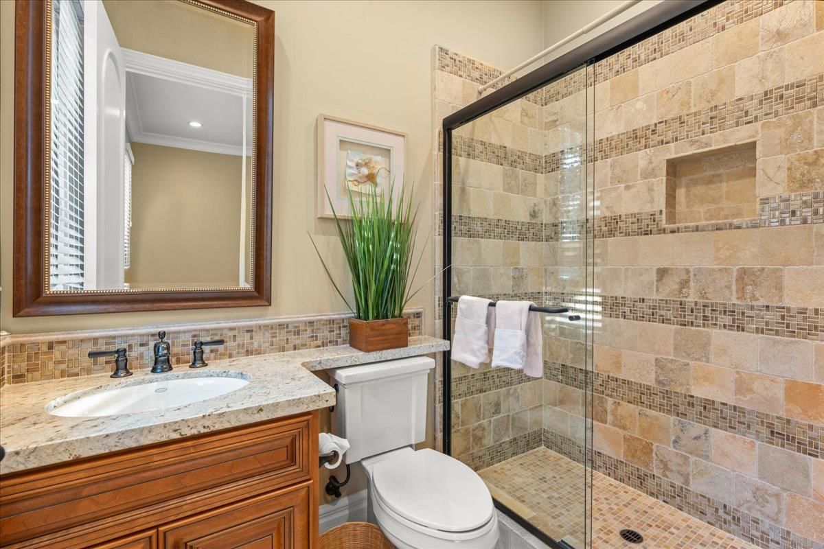 Bathroom, Glass Shower, Interior, Recessed Lighting, Stone Walls