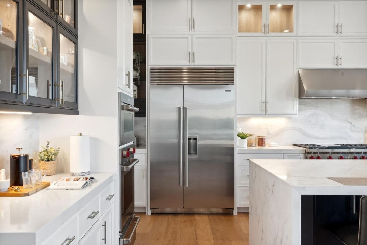 Interior, Kitchen, Marble Walls, Stainless Steel Appliances, Wood Texture Flooring