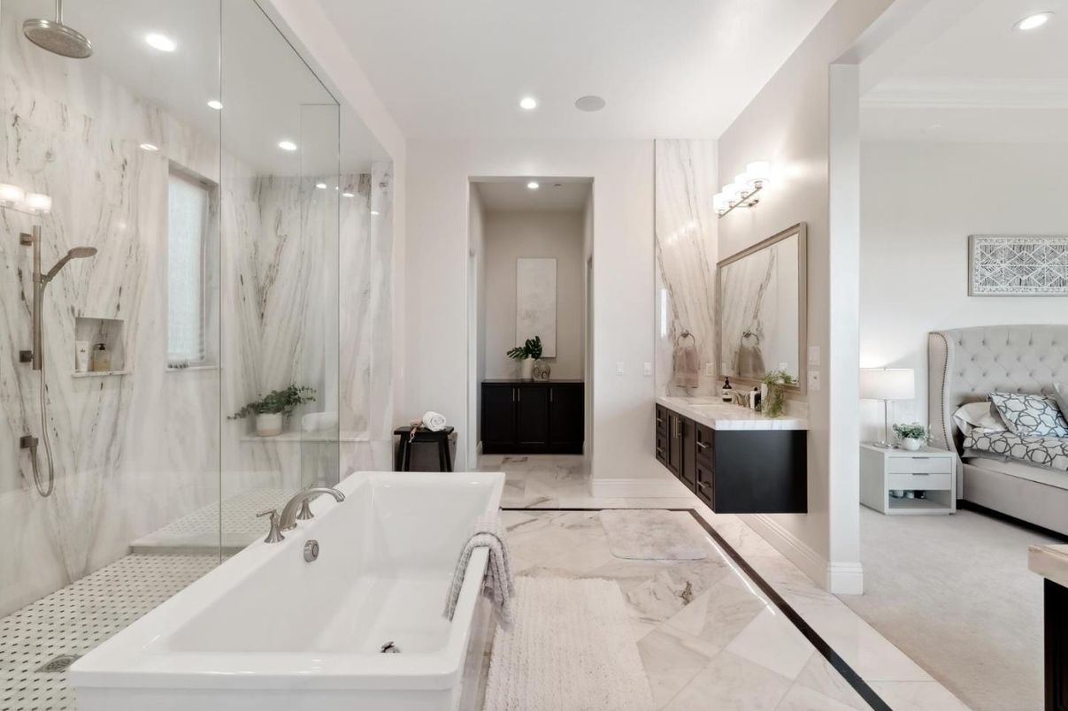 Bathroom, Dual Sink Vanities, Glass Shower, Interior, Marble, Marble Walls, Recessed Lighting