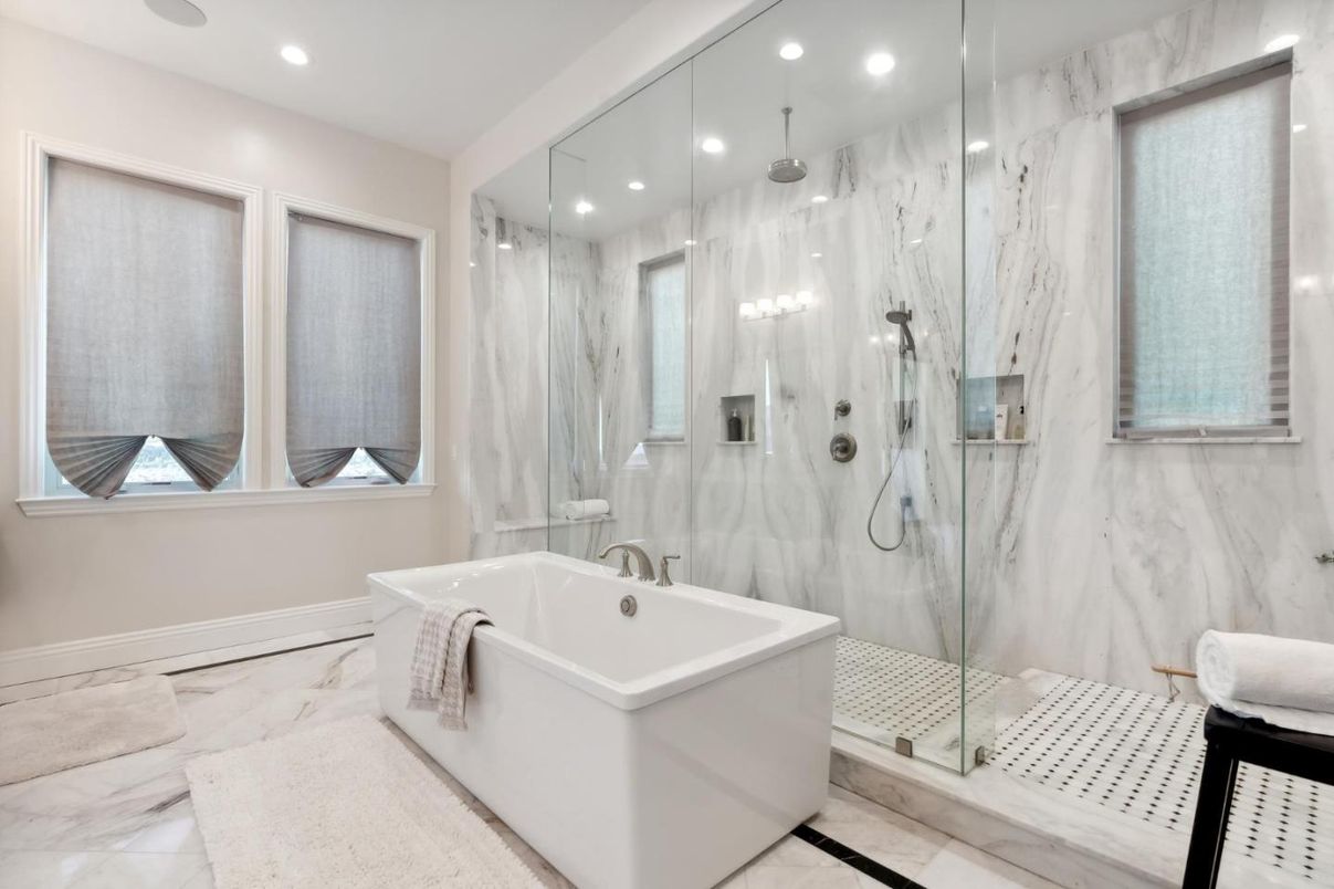 Bathroom, Free Standing Baths, Glass Shower, Interior, Marble, Marble Walls, Recessed Lighting