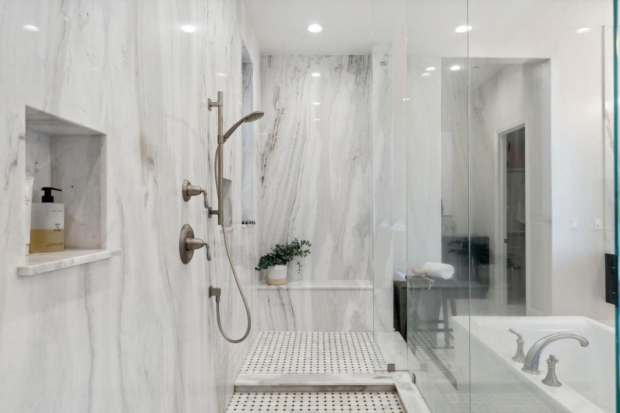 Bathroom, Glass Shower, Interior, Marble Walls, Recessed Lighting