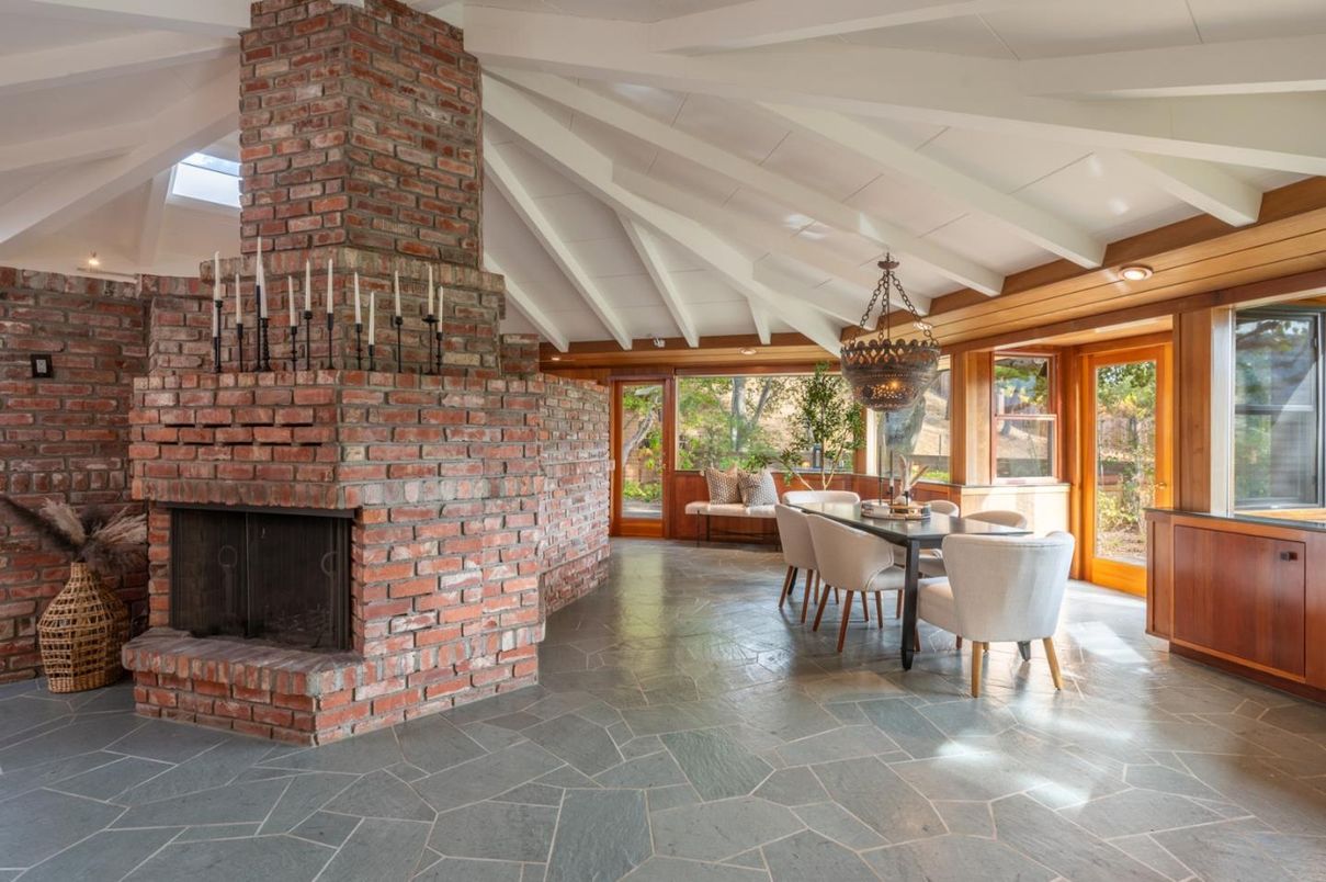 Chandelier, Dining room, Fireplace, Interior, Stone Walls