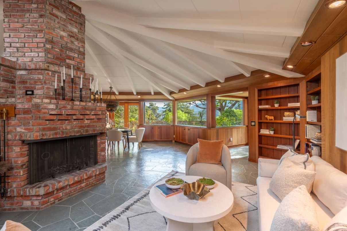 Dining room, Fireplace, Interior, Living room, Recessed Lighting, Stone Walls