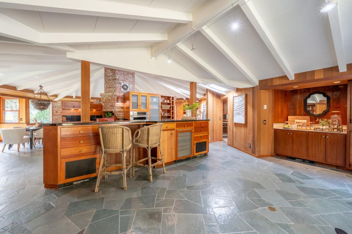 Dining room, Interior, Kitchen, Pendant Lights, Stone Walls, Wooden Walls