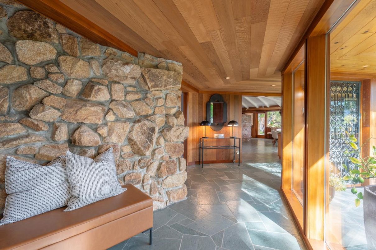 Interior, Recessed Lighting, Stone Walls, Wooden Ceilings