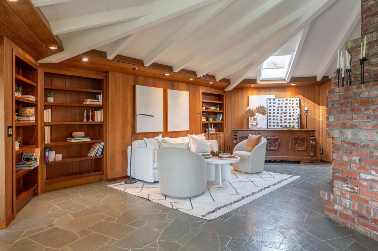 Fireplace, Interior, Living room, Recessed Lighting, Stone Walls, Wooden Beams, Wooden Walls