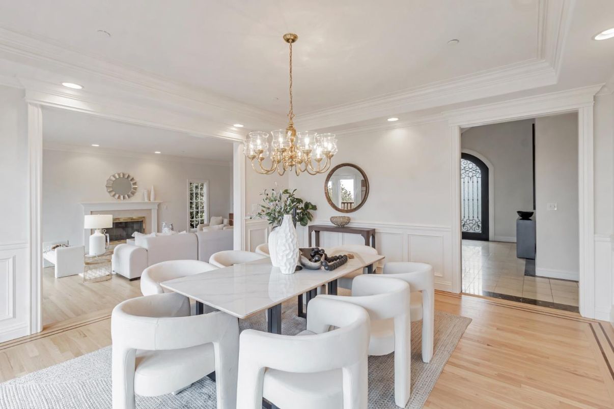 Chandelier, Dining room, Fireplace, Interior, Living room, Recessed Lighting, Wood Texture Flooring