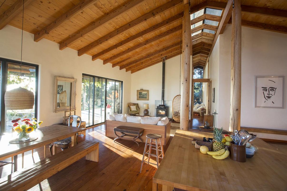 Dining room, Fireplace, Interior, Living room, Pendant Lights, Wooden Beams, Wooden Ceilings, Wood Texture Flooring