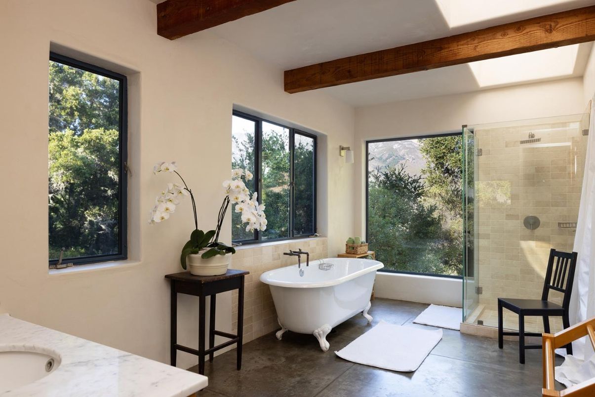 Bathroom, Free Standing Baths, Glass Shower, Interior, Recessed Lighting, Wooden Beams