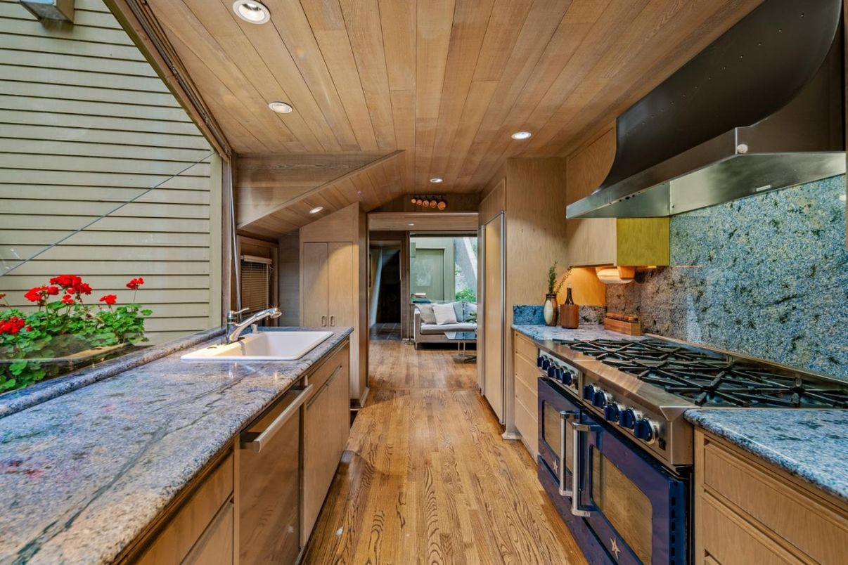 Interior, Kitchen, Living room, Recessed Lighting, Stainless Steel Appliances, Wooden Ceilings, Wood Texture Flooring