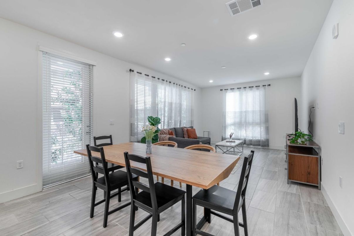 Dining room, Interior, Recessed Lighting, Wood Texture Flooring