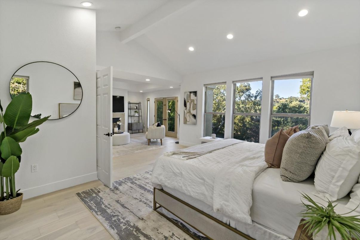 Bedroom, Fireplace, Interior, Living room, Recessed Lighting, Wood Texture Flooring