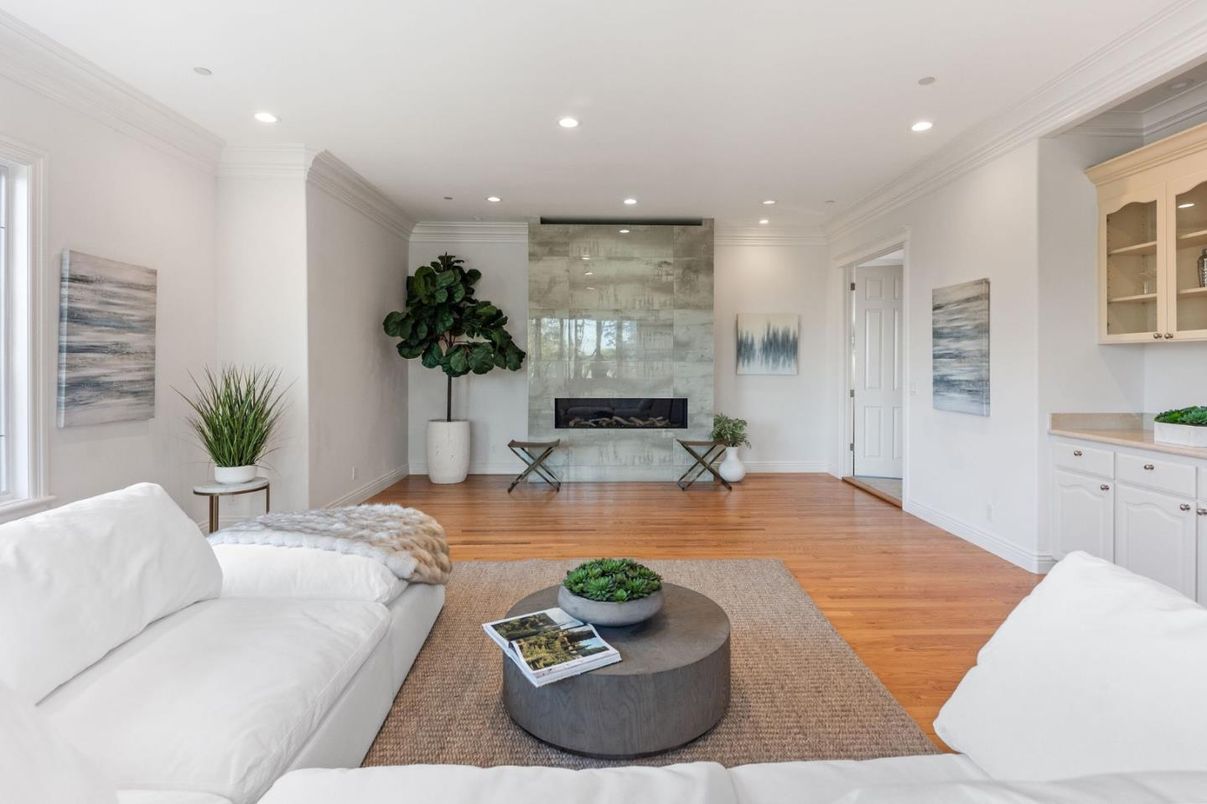 Fireplace, Interior, Living room, Recessed Lighting, Wood Texture Flooring