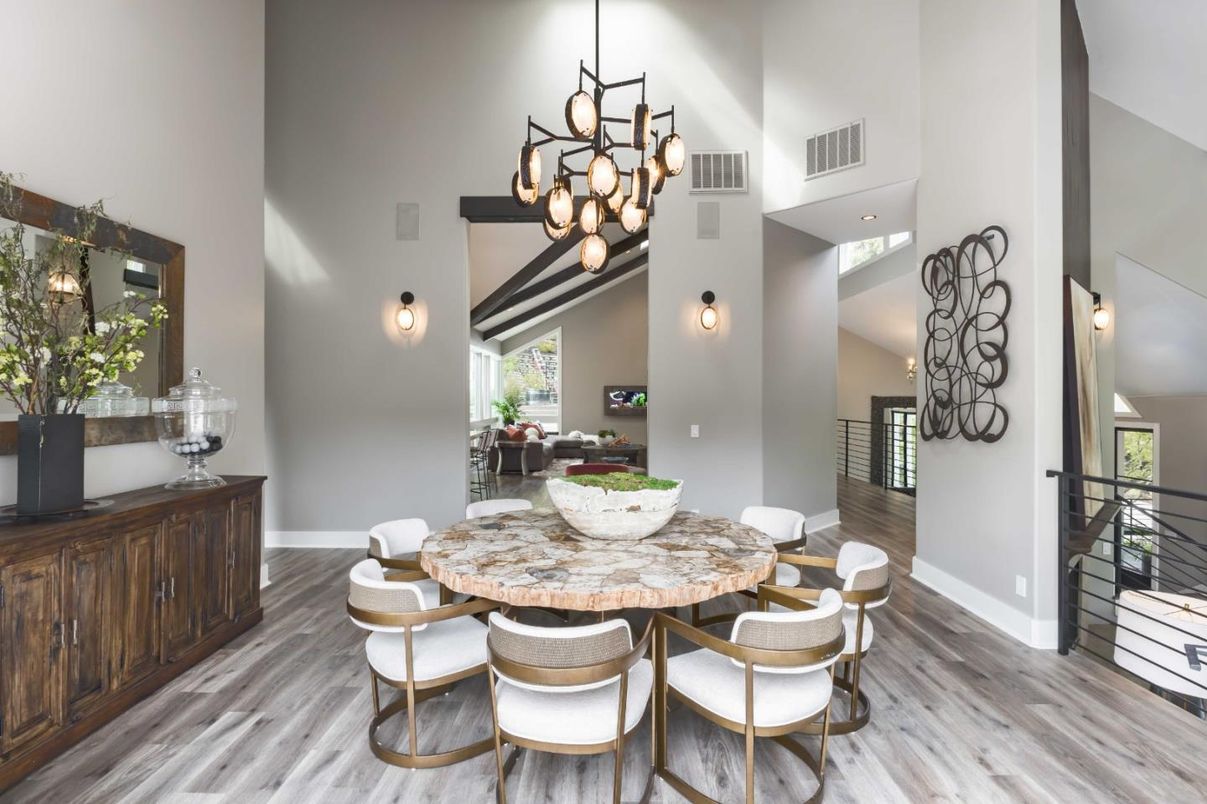 Chandelier, Dining room, Interior, Wood Texture Flooring