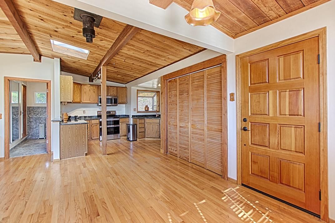 Empty room, Interior, Kitchen, Stainless Steel Appliances, Wooden Beams, Wooden Ceilings, Wood Texture Flooring