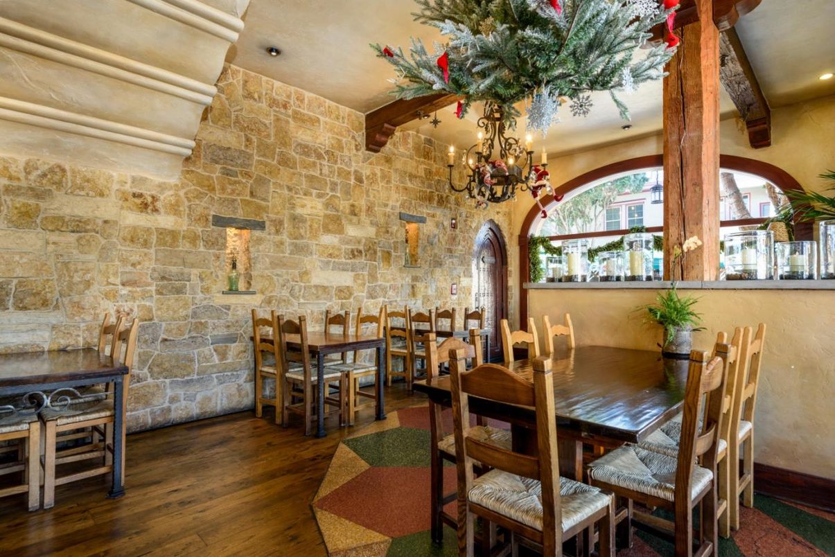 Chandelier, Dining room, Interior, Recessed Lighting, Stone Walls, Wooden Beams, Wood Texture Flooring