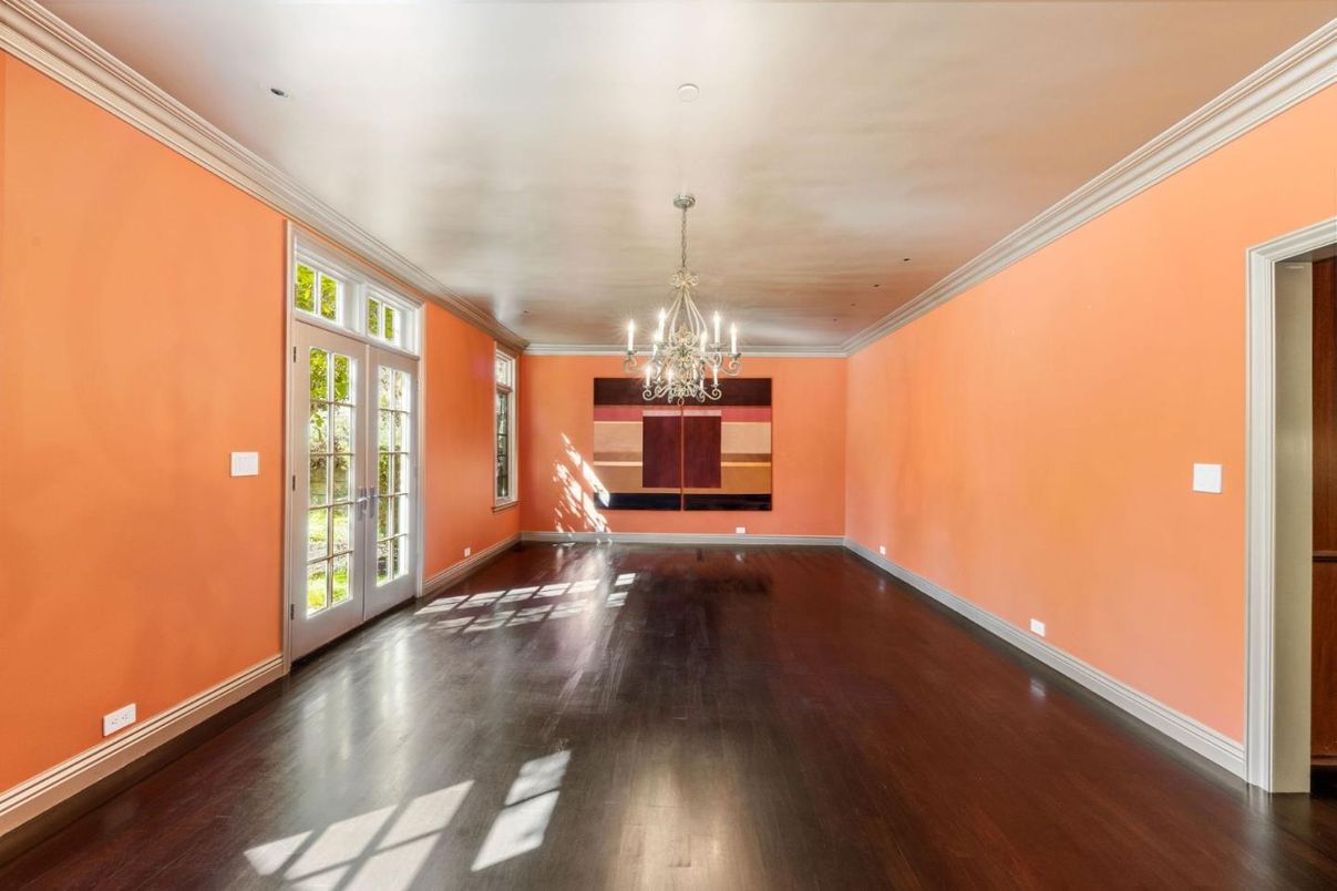 Chandelier, Dining room, Empty room, Interior, Recessed Lighting, Wood Texture Flooring