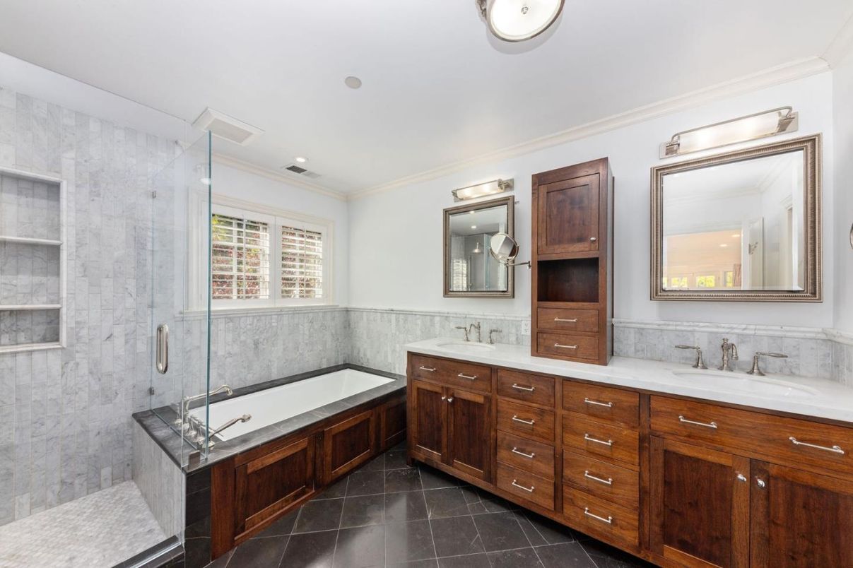 Bathroom, Dual Sink Vanities, Glass Shower, Interior, Marble Walls, Recessed Lighting