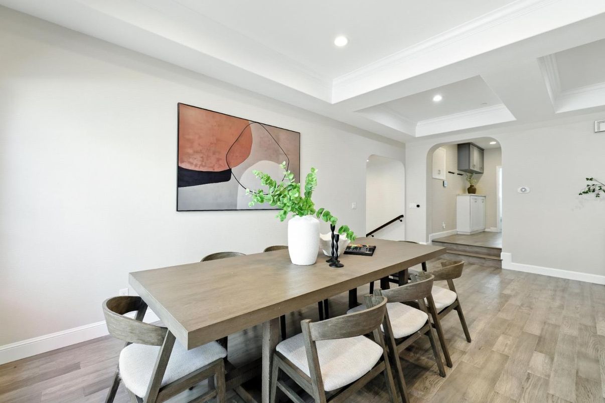 Dining room, Interior, Recessed Lighting, Wood Texture Flooring