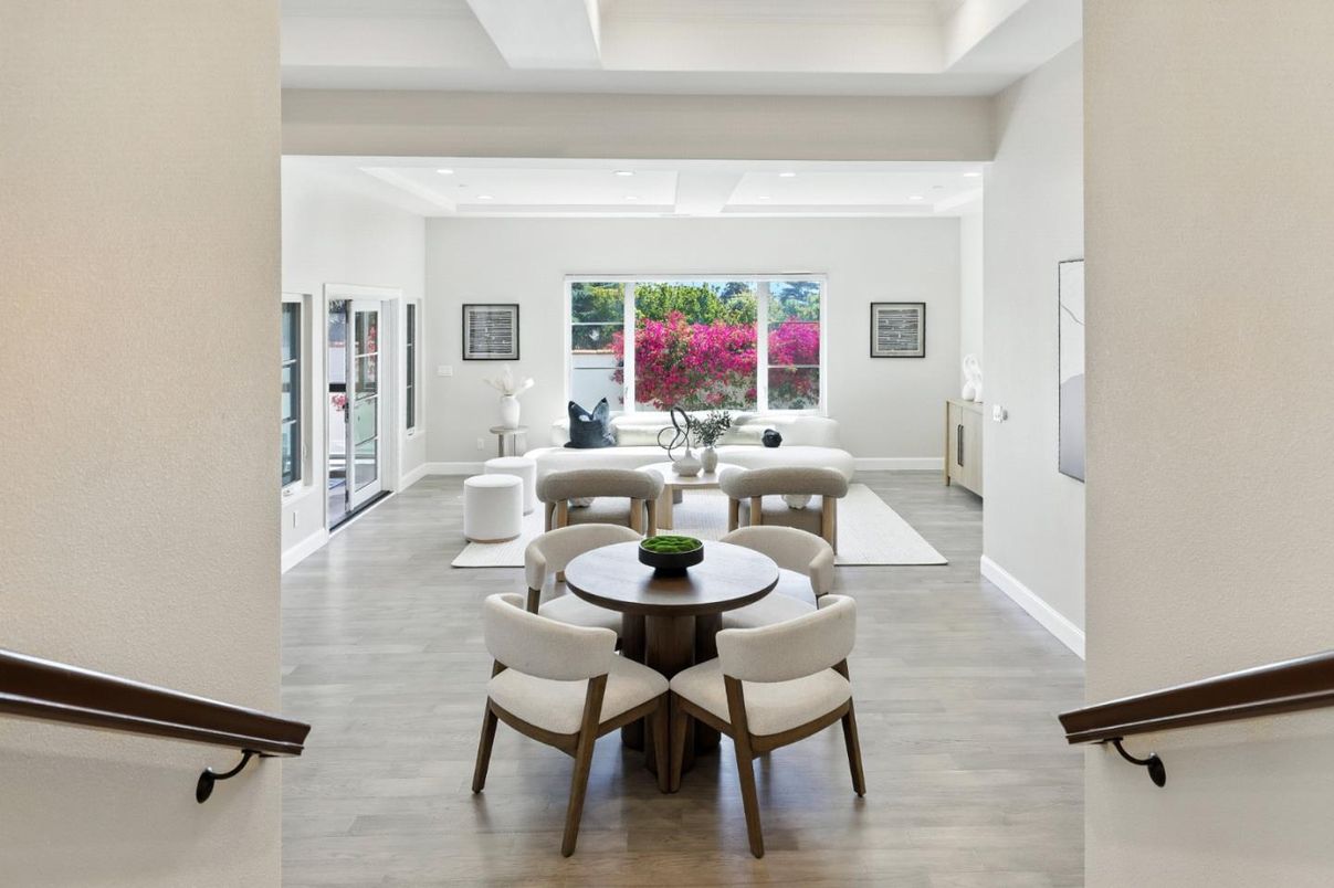 Dining room, Interior, Living room, Recessed Lighting, Wood Texture Flooring