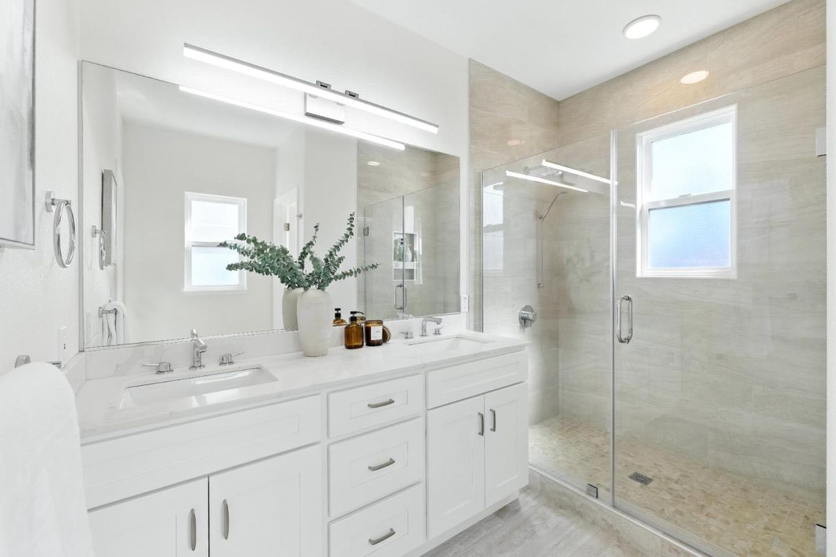 Bathroom, Dual Sink Vanities, Glass Shower, Interior, Recessed Lighting
