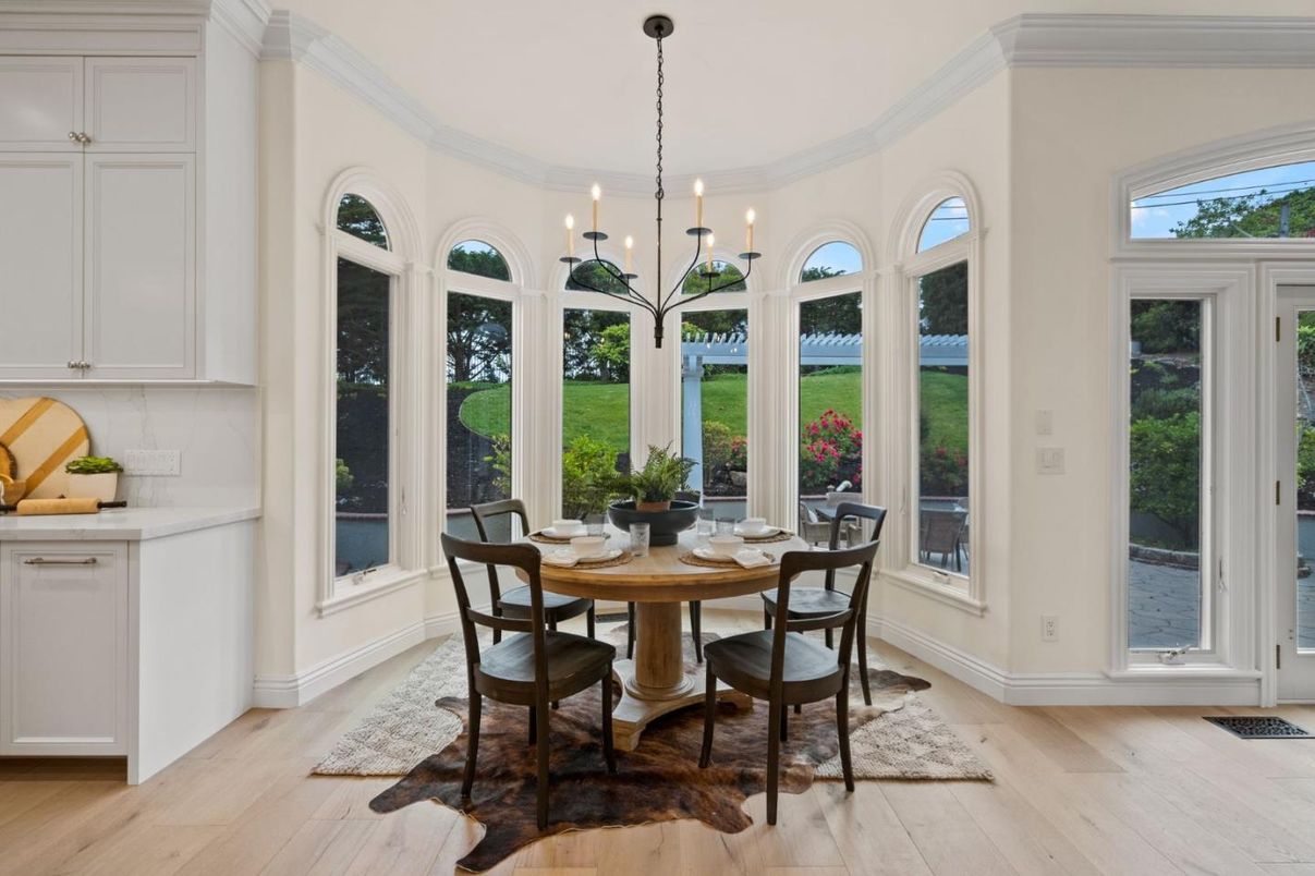 Dining room, Interior, Pendant Lights, Wood Texture Flooring
