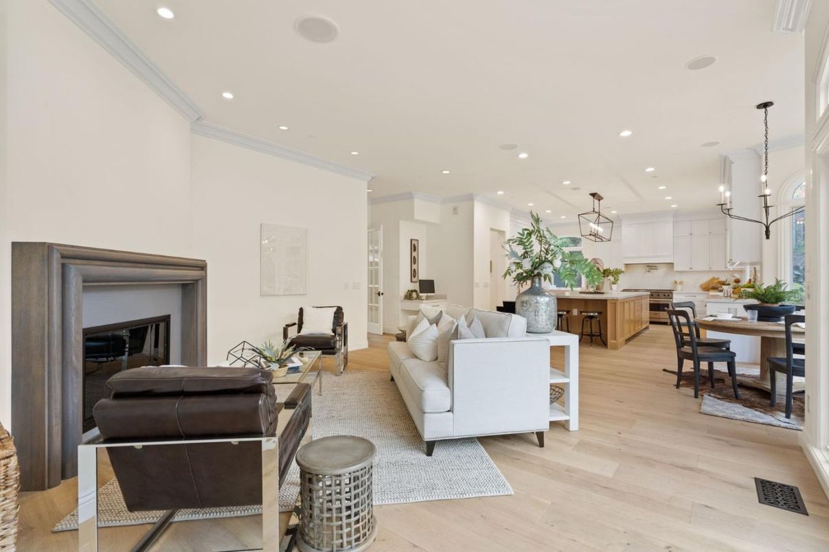 Dining room, Fireplace, Interior, Kitchen, Living room, Pendant Lights, Recessed Lighting, Wood Texture Flooring