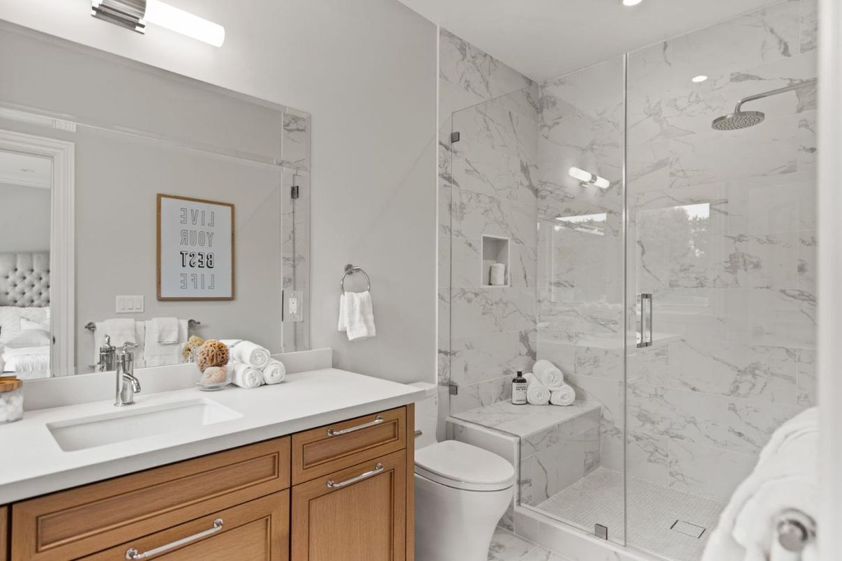 Bathroom, Glass Shower, Interior, Marble, Marble Walls, Recessed Lighting