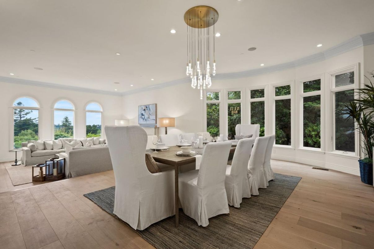 Dining room, Interior, Living room, Pendant Lights, Recessed Lighting, Wood Texture Flooring