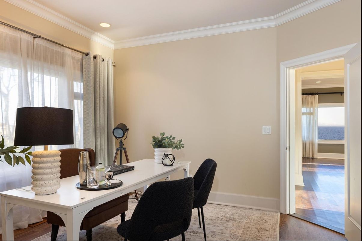 Home Office, Interior, Recessed Lighting, Water, Wood Texture Flooring