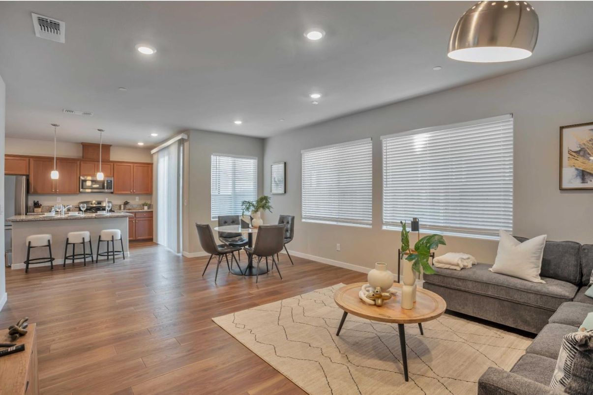 Dining room, Interior, Kitchen, Living room, Pendant Lights, Recessed Lighting, Stainless Steel Appliances, Wood Texture Flooring