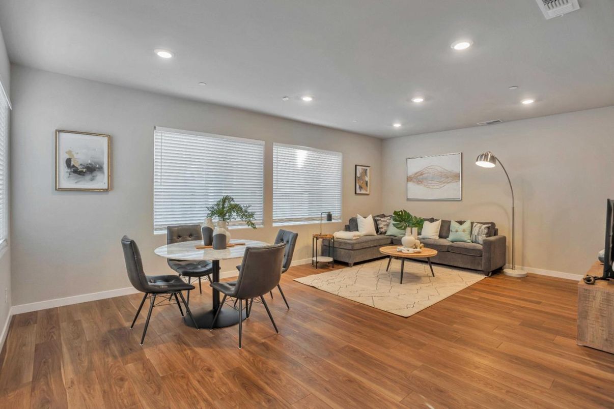 Dining room, Interior, Living room, Recessed Lighting, Wood Texture Flooring