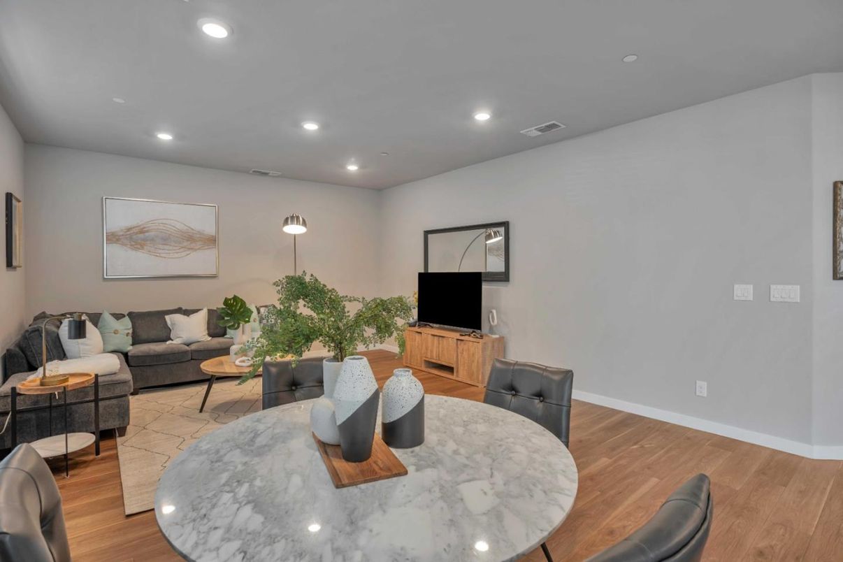 Dining room, Interior, Living room, Recessed Lighting, Wood Texture Flooring