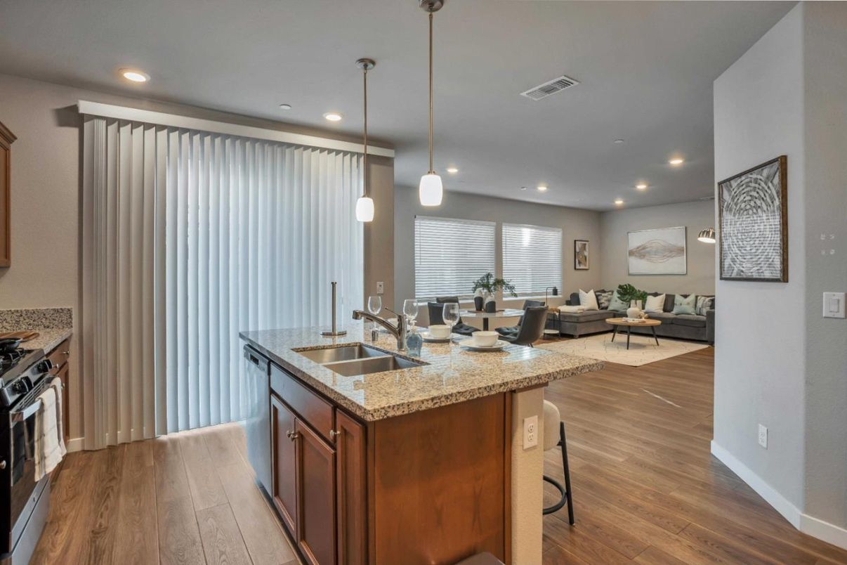 Dining room, Interior, Kitchen, Living room, Pendant Lights, Recessed Lighting, Stainless Steel Appliances, Wood Texture Flooring