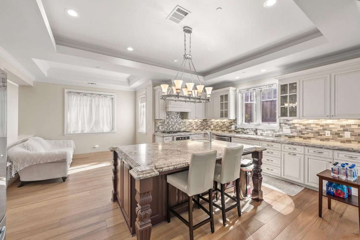 Chandelier, Interior, Kitchen, Recessed Lighting, Stainless Steel Appliances, Wood Texture Flooring