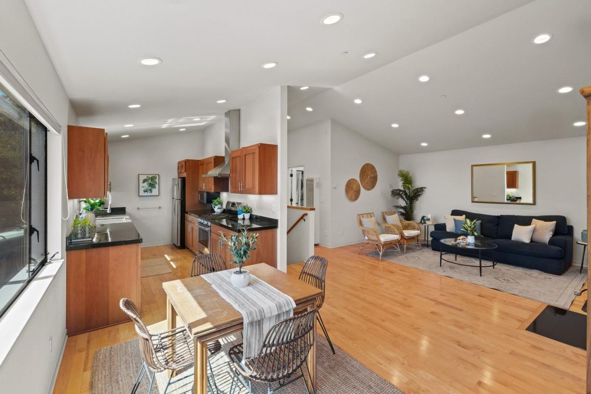 Dining room, Interior, Kitchen, Living room, Recessed Lighting, Wood Texture Flooring