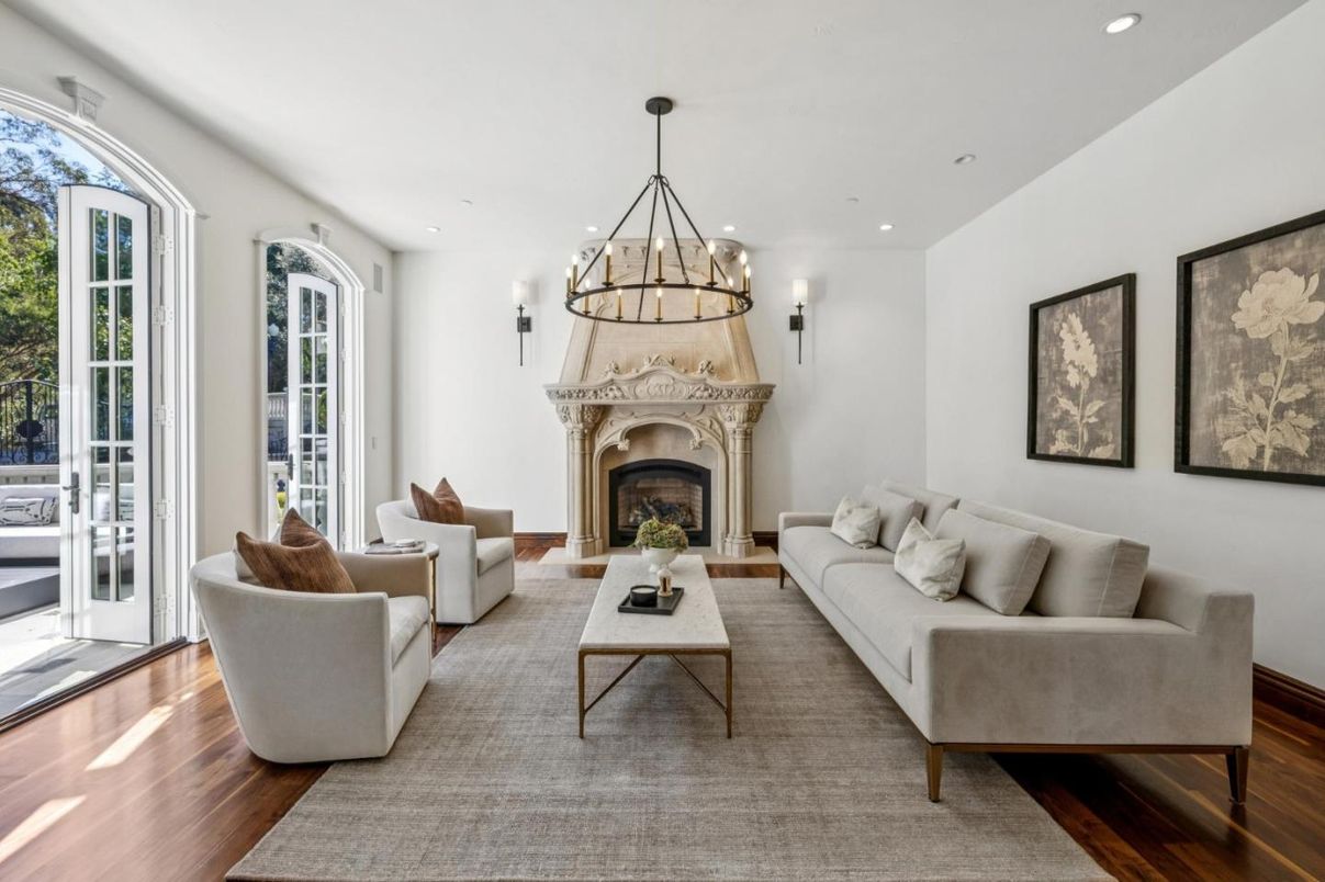 Chandelier, Fireplace, Interior, Living room, Recessed Lighting, Wood Texture Flooring