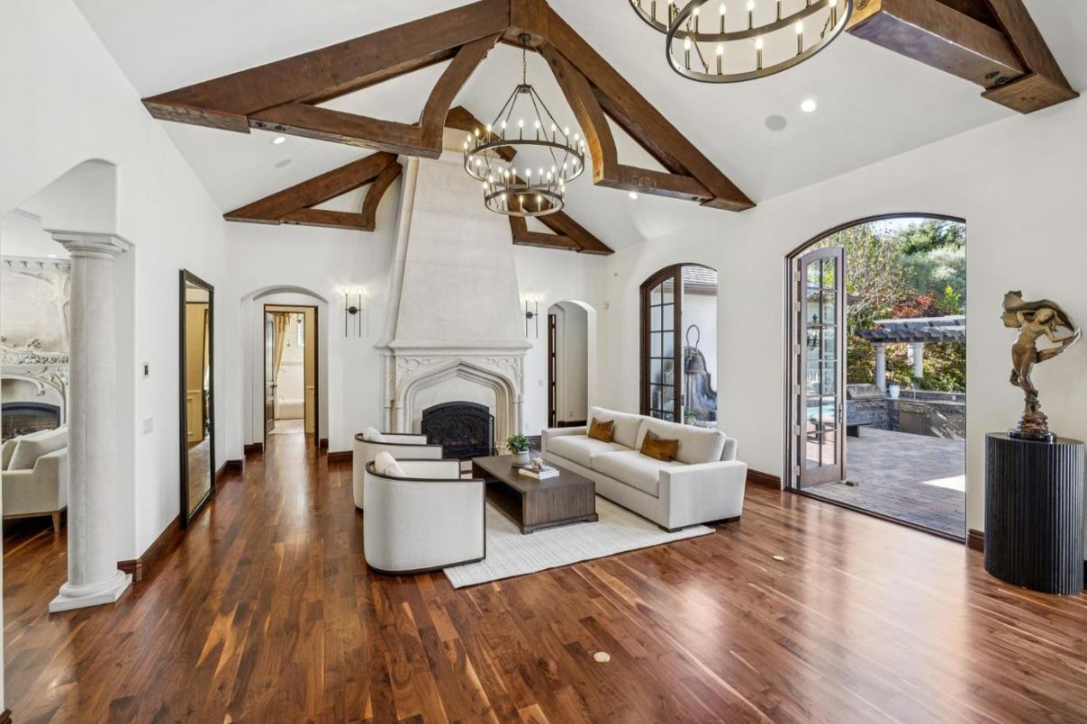 Chandelier, Fireplace, Interior, Living room, Recessed Lighting, Wooden Beams, Wood Texture Flooring