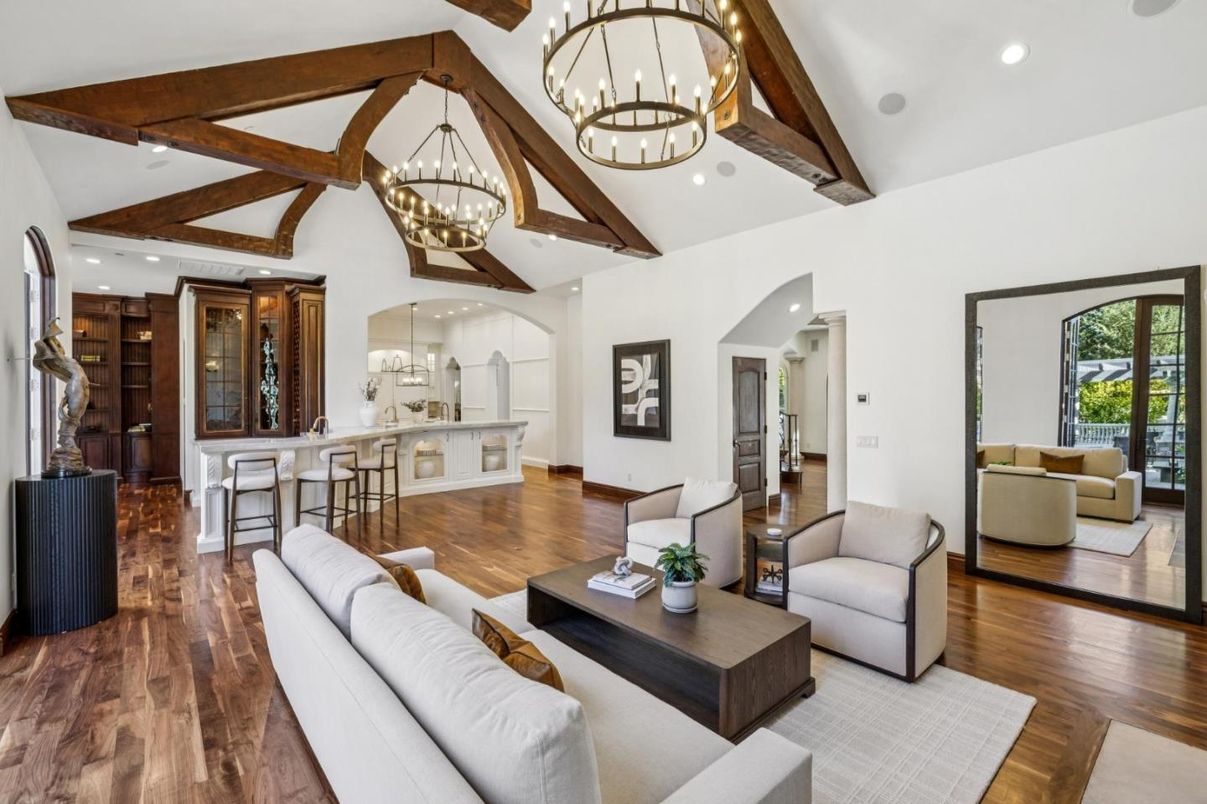 Chandelier, Interior, Living room, Pendant Lights, Recessed Lighting, Wooden Beams, Wood Texture Flooring