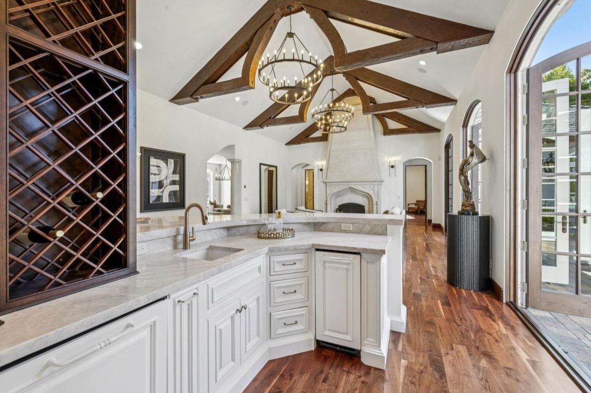 Chandelier, Fireplace, Interior, Kitchen, Pendant Lights, Recessed Lighting, Wooden Beams, Wood Texture Flooring