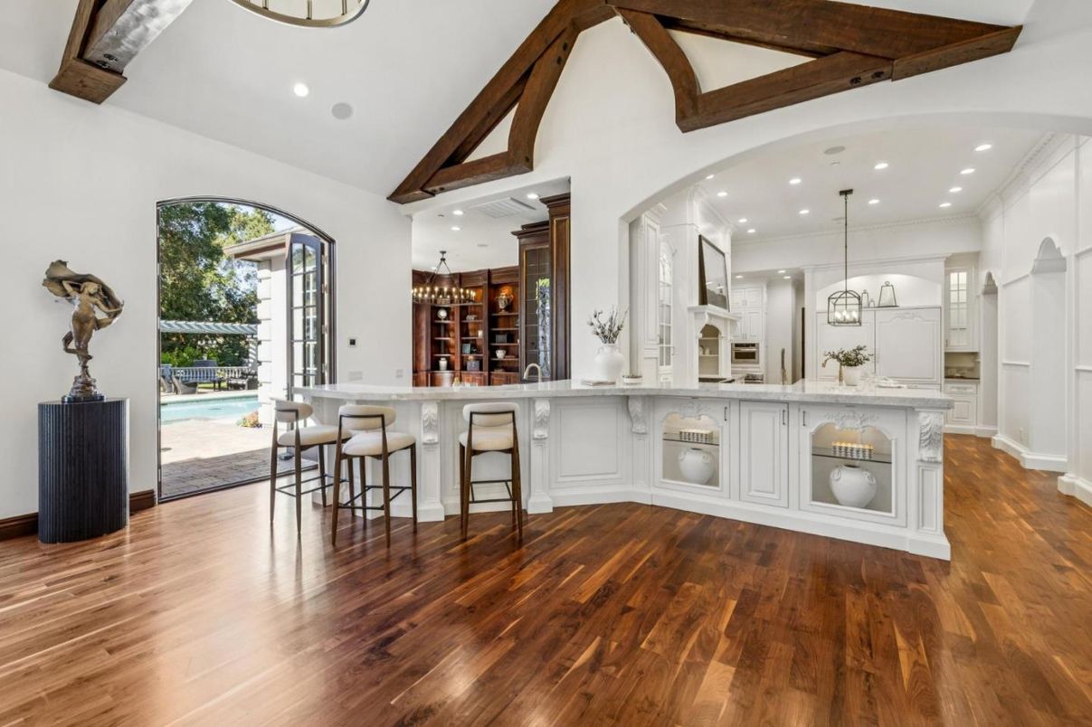 Interior, Kitchen, Pendant Lights, Recessed Lighting, Wooden Beams, Wood Texture Flooring