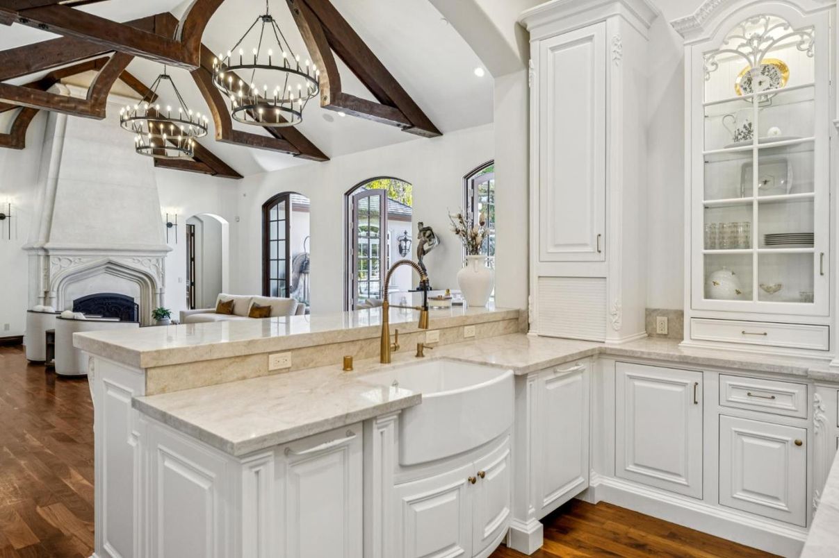 Chandelier, Fireplace, Interior, Kitchen, Recessed Lighting, Wooden Beams, Wood Texture Flooring