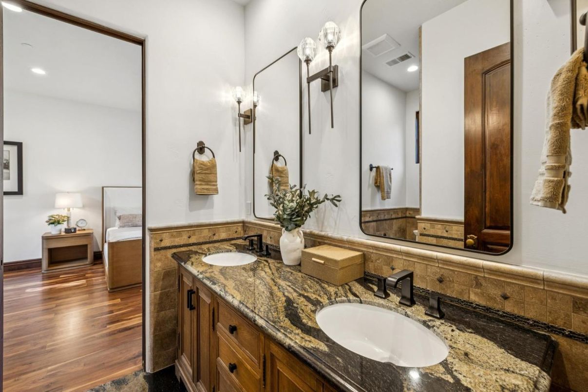 Bathroom, Dual Sink Vanities, Interior, Recessed Lighting, Wood Texture Flooring