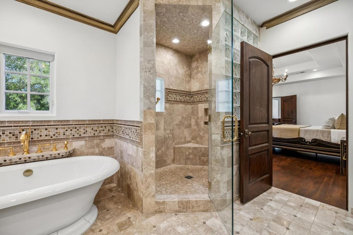 Bathroom, Bedroom, Free Standing Baths, Glass Shower, Interior, Recessed Lighting, Wood Texture Flooring