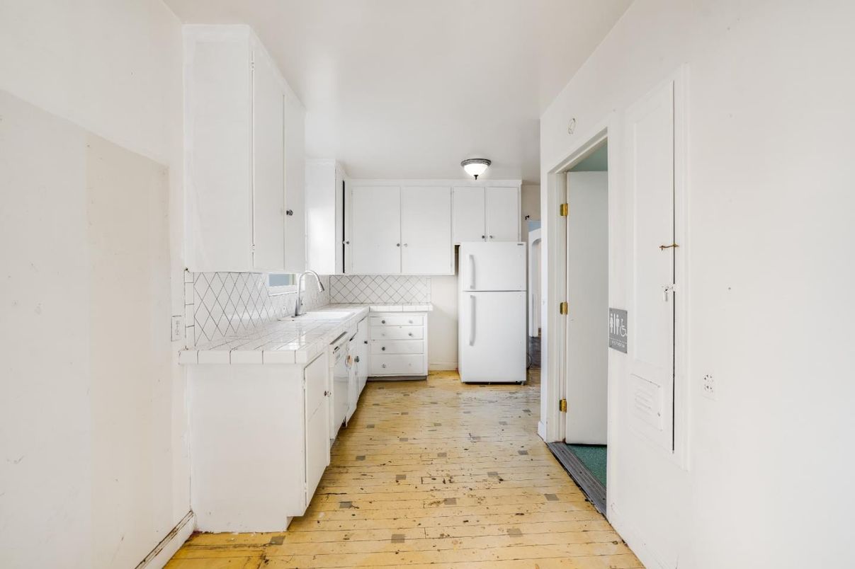Interior, Kitchen, Tile Countertops, Wood Texture Flooring
