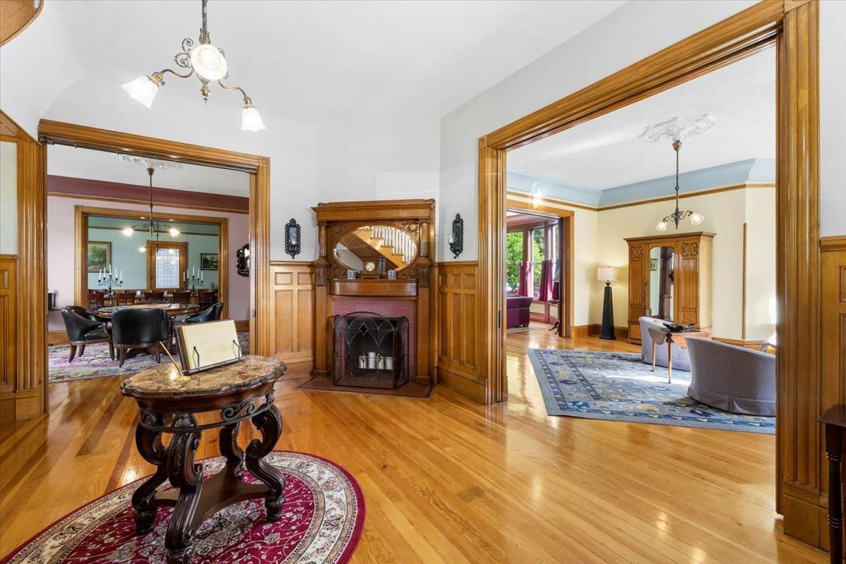 Dining room, Fireplace, Interior, Pendant Lights, Wood Texture Flooring