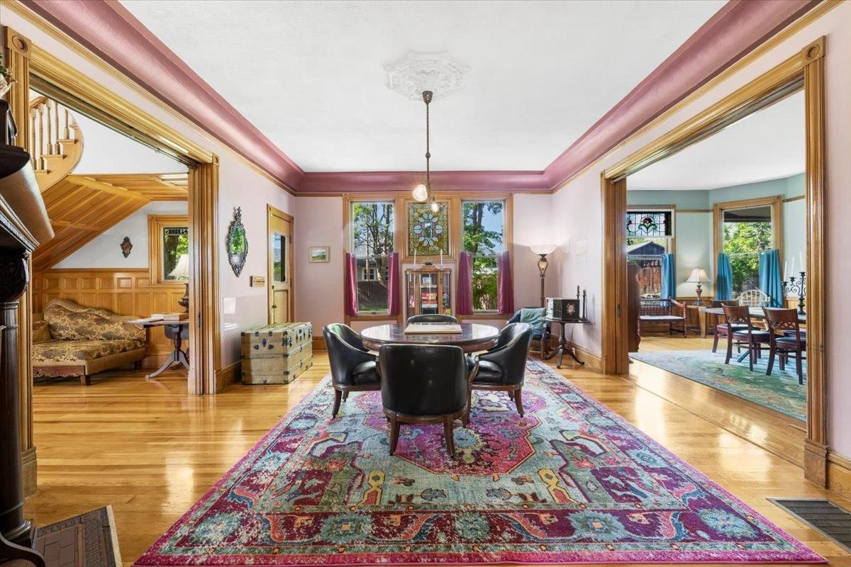 Dining room, Fireplace, Interior, Pendant Lights, Wood Texture Flooring